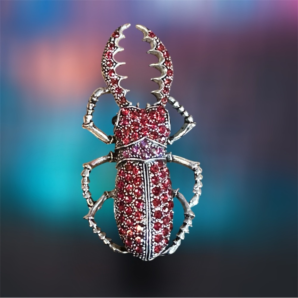 Antique Silver tone metal alloy, beetle insect pin brooch pink rhinestones NWOT